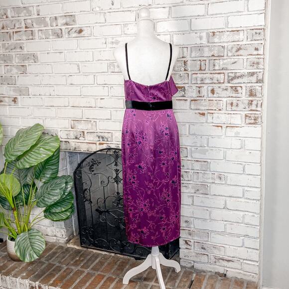 Cinq a Sept Lara Raspberry Multi Floral Silk Ruffle Purple V-neck Midi Dress - Picture 6 of 11